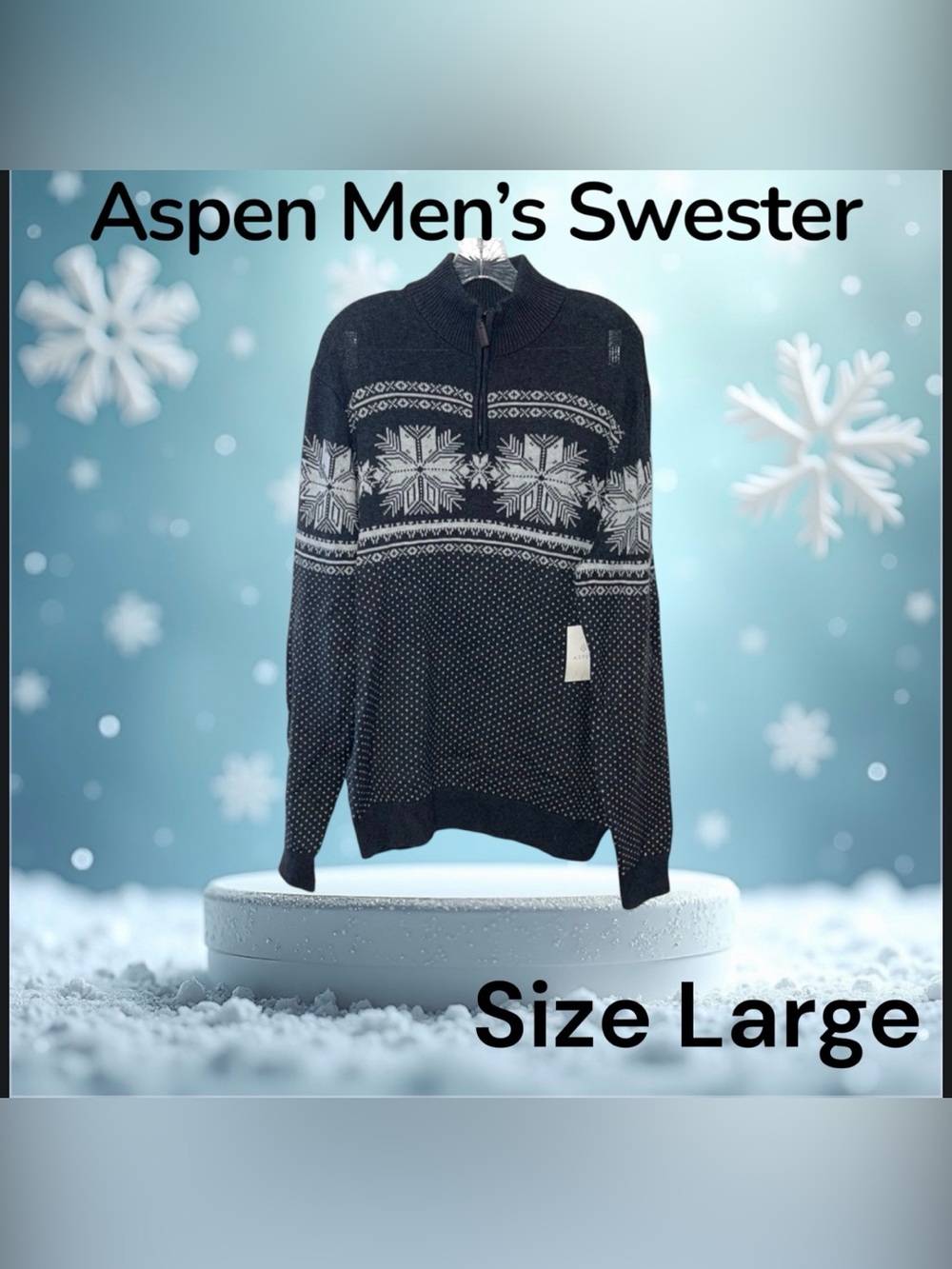 Aspen Mens Grey Snowflake 1/4 Zipper Sweater Size Large NWT